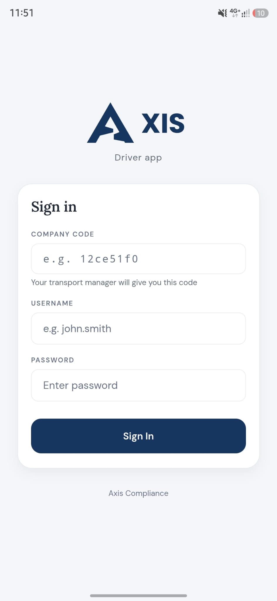 Axis Driver sign-in screen — company code, username and password, no email account