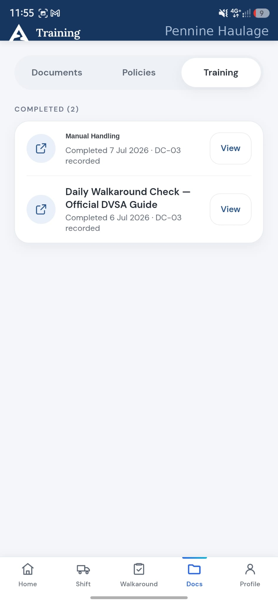 Axis Driver training screen — policies and training read and signed