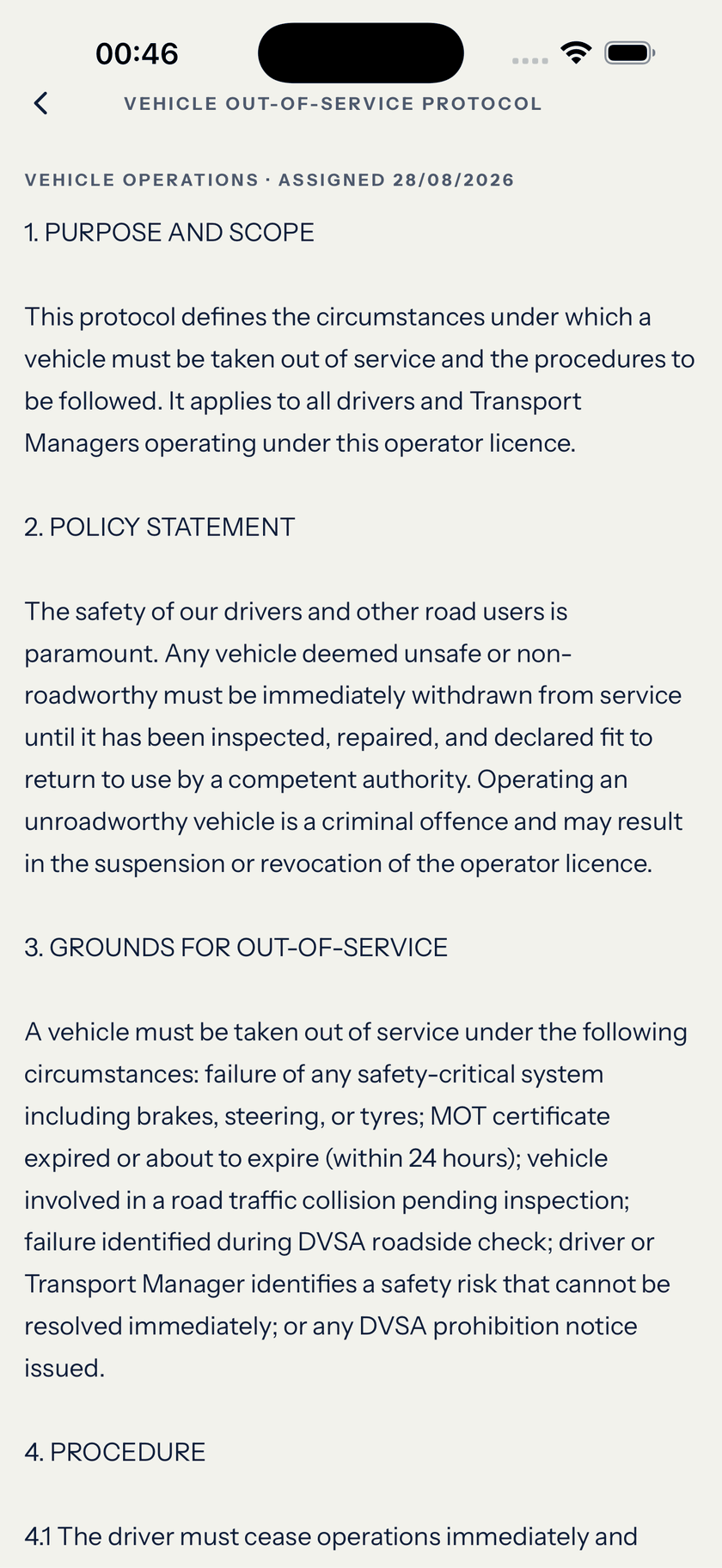 Axis Driver policy screen — an assigned vehicle out-of-service protocol open for the driver to read and sign