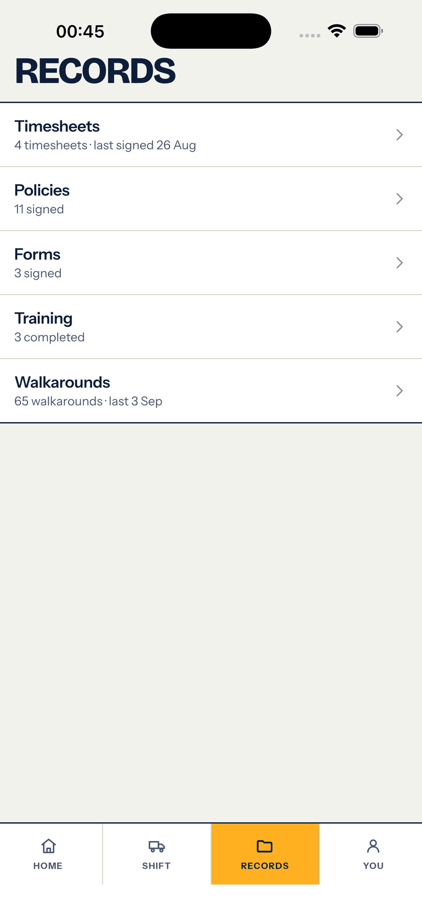 Axis Driver records screen on a phone — timesheets, policies, forms, training and walkarounds, each with a signed count and a last-completed date