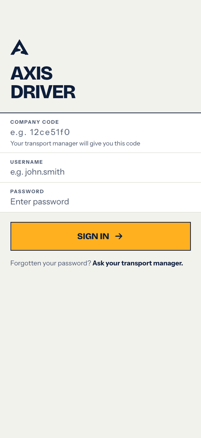 Axis Driver sign-in screen — company code, username and password fields, with a note that the transport manager supplies the code
