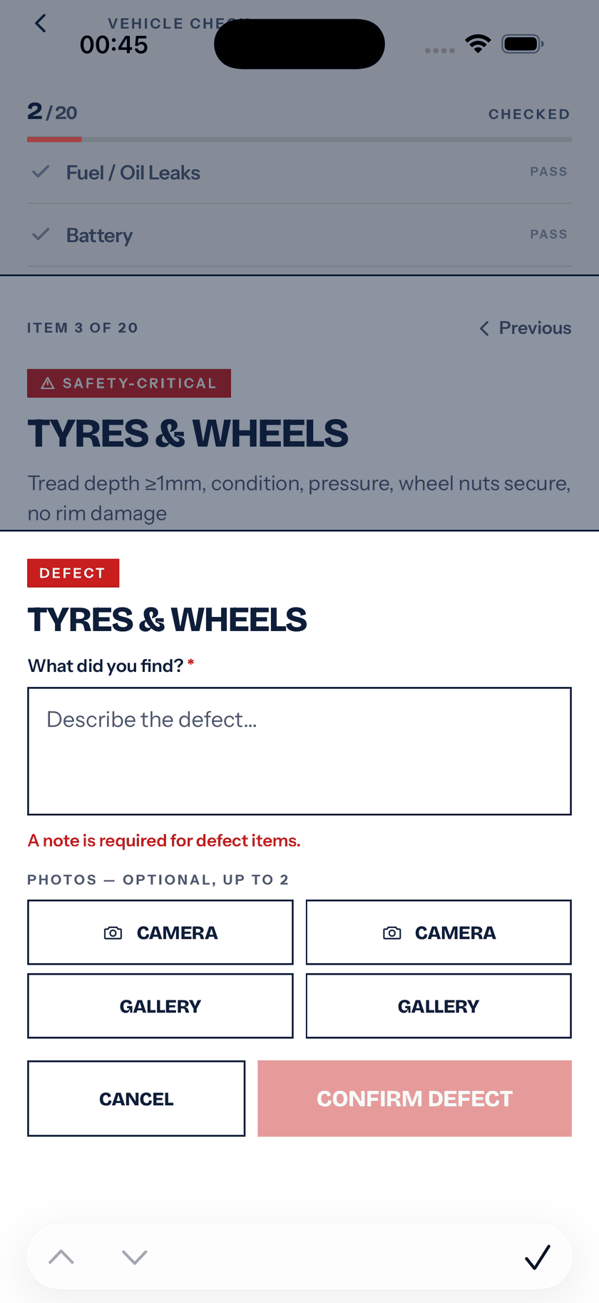 A walkaround check in the Axis Driver app — tyres and wheels flagged as a safety-critical defect, with a note required and photo capture